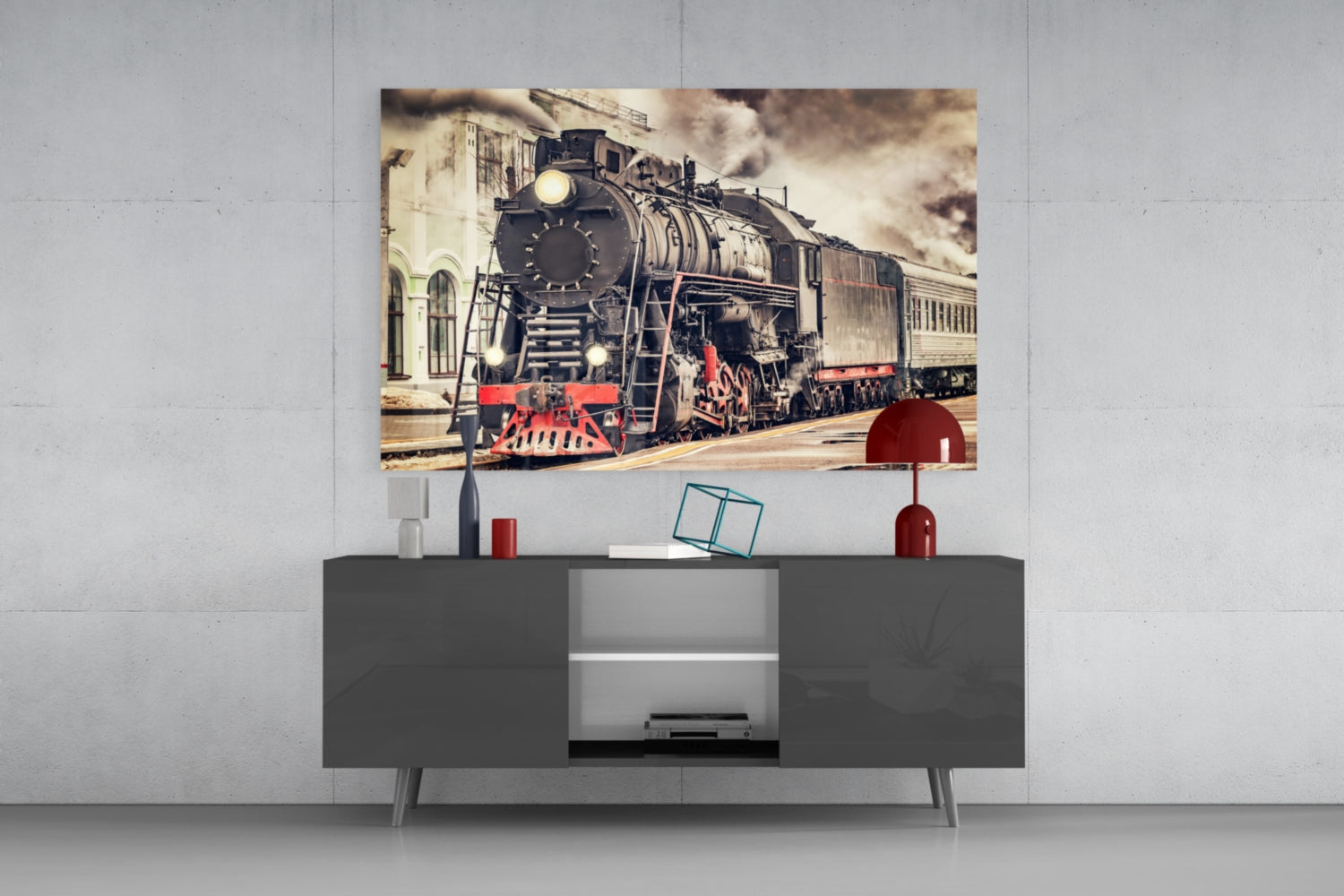 Red Steam Train At Sepia Station Glass Wall Art