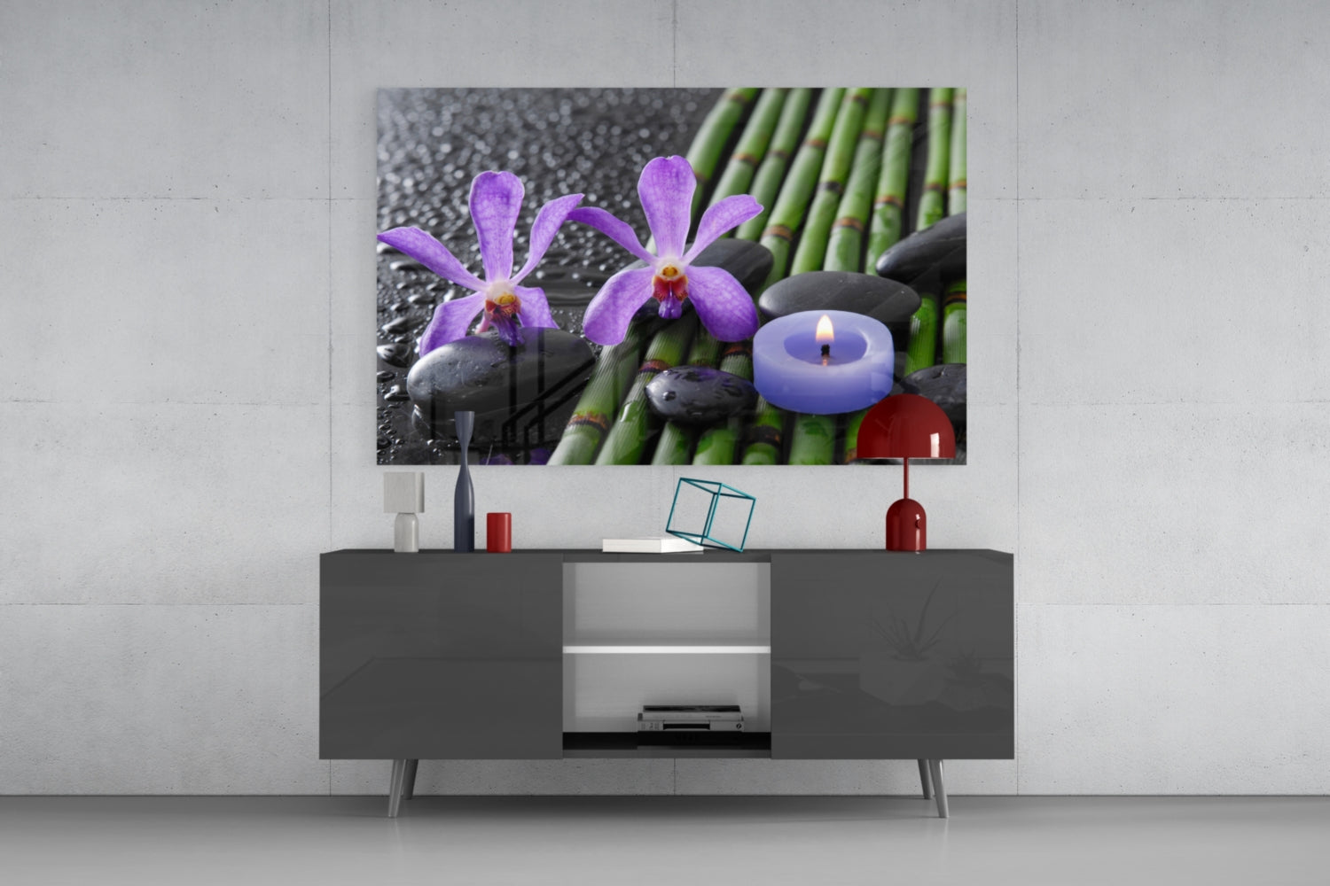 Purple Orchids Bamboo Candle Glass Wall Art