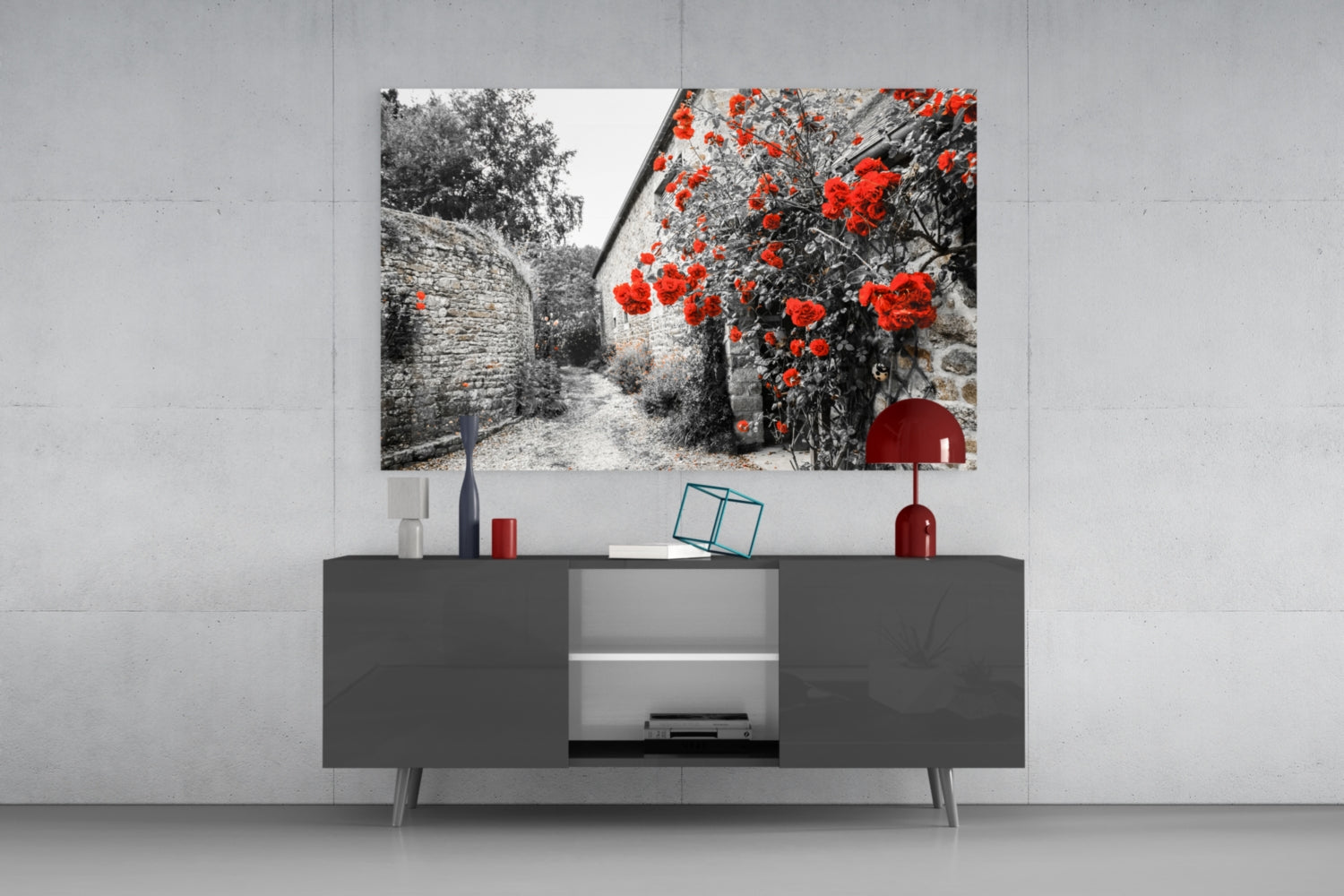 Red Roses Over Gray Stone Alley Glass Wall Art