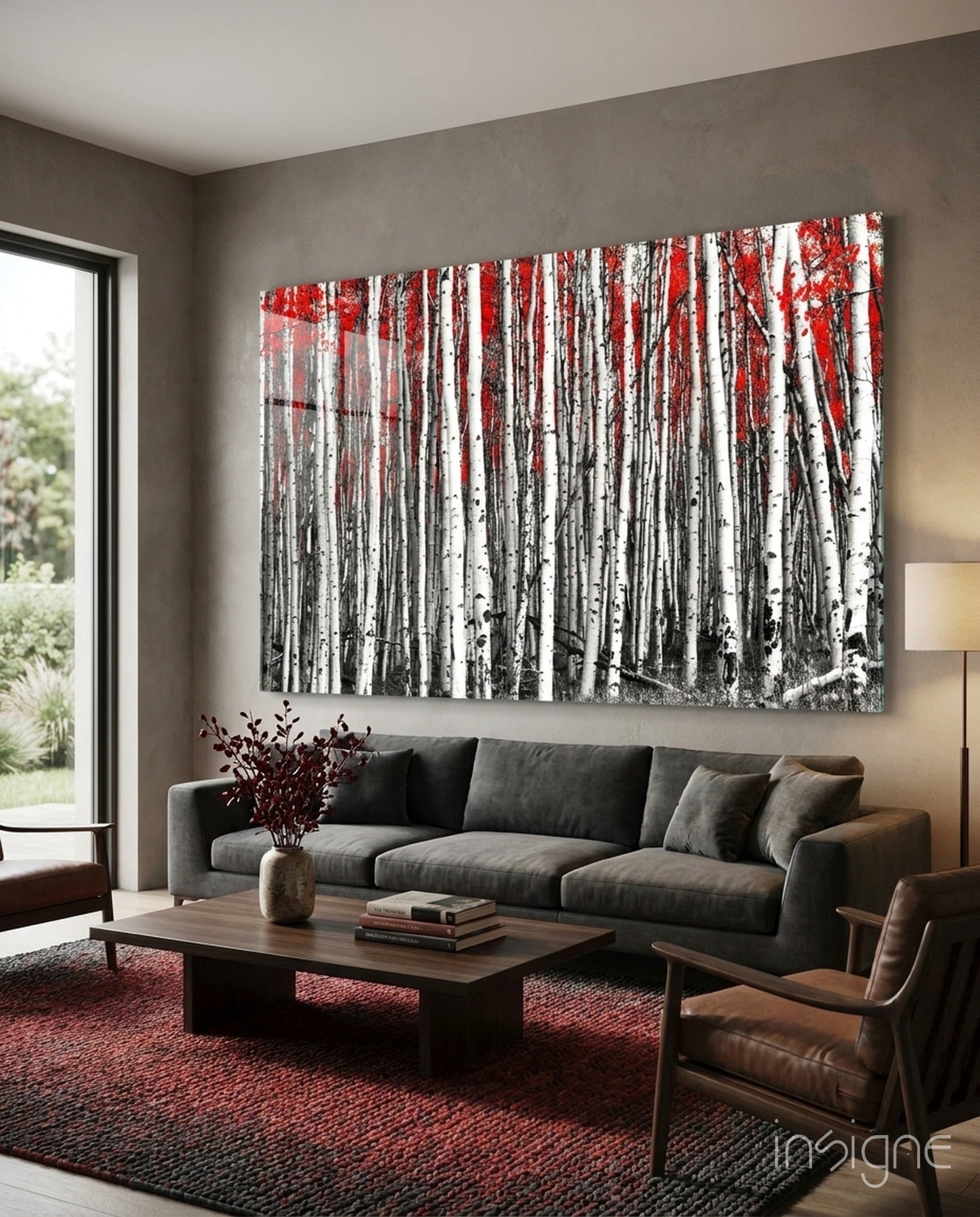 Wide Panoramic Birch Forest Red Treetops Glass Wall Art