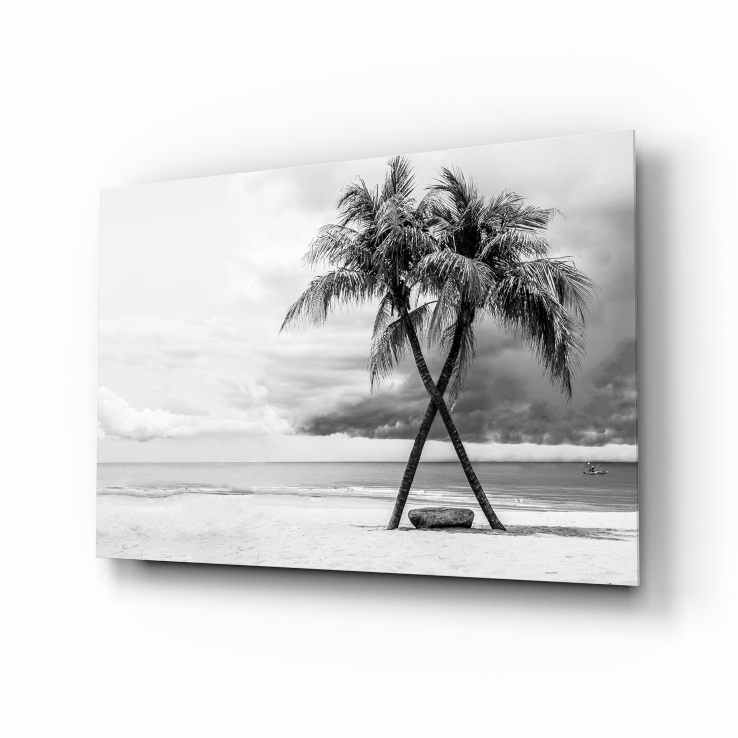 Black And White Twin Beach Palm Trees Glass Wall Art