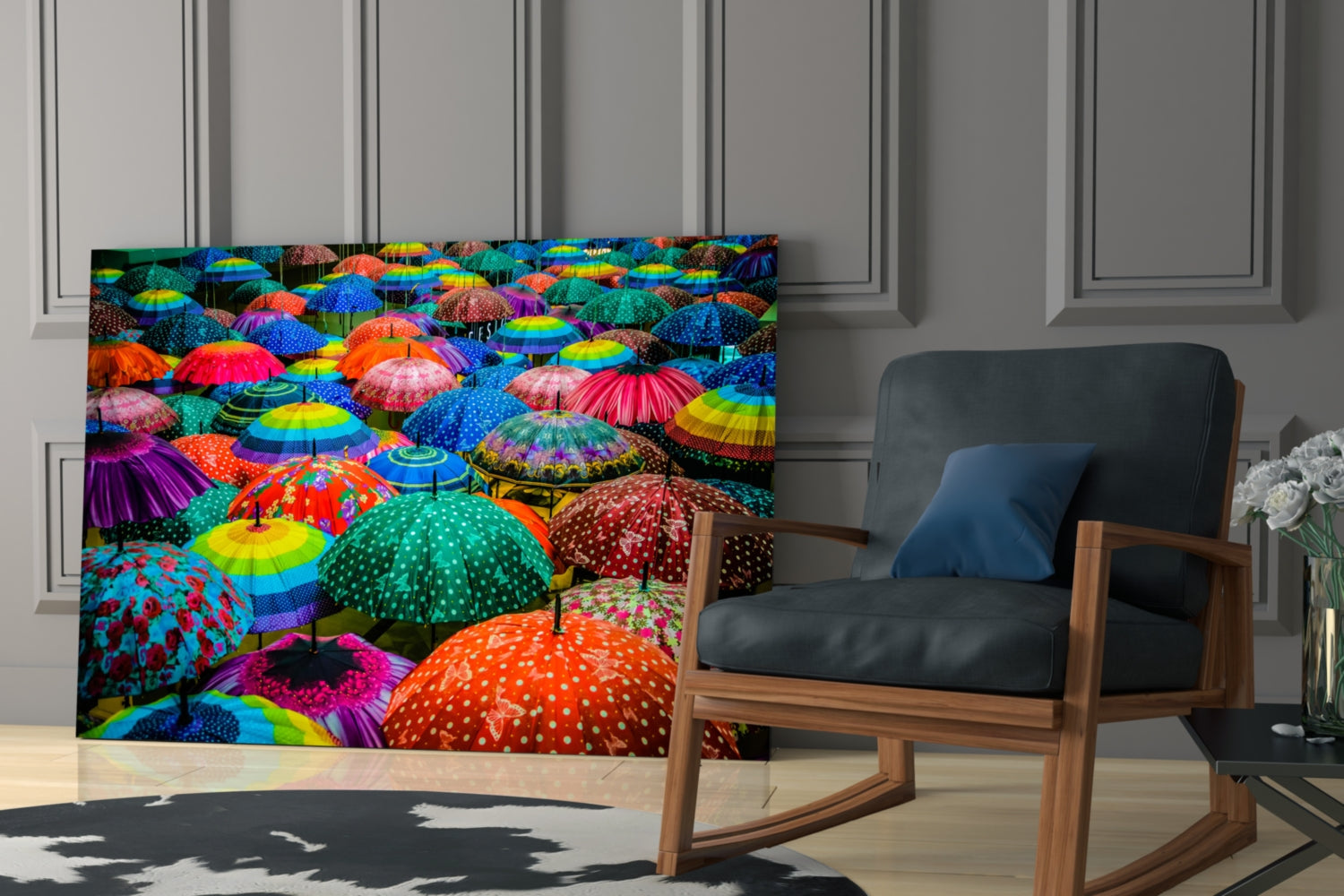 Panoramic Rainbow Umbrella Crowd Glass Wall Art