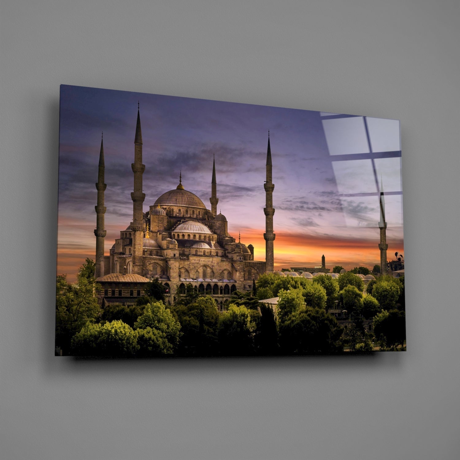 Purple Sunset Sky Blue Mosque Glass Wall Art