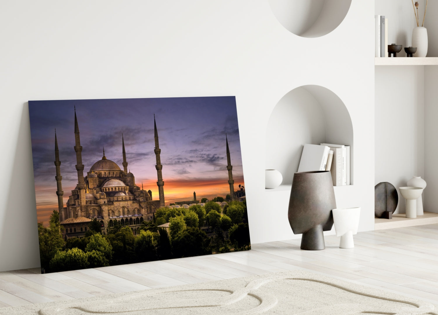Purple Sunset Sky Blue Mosque Glass Wall Art