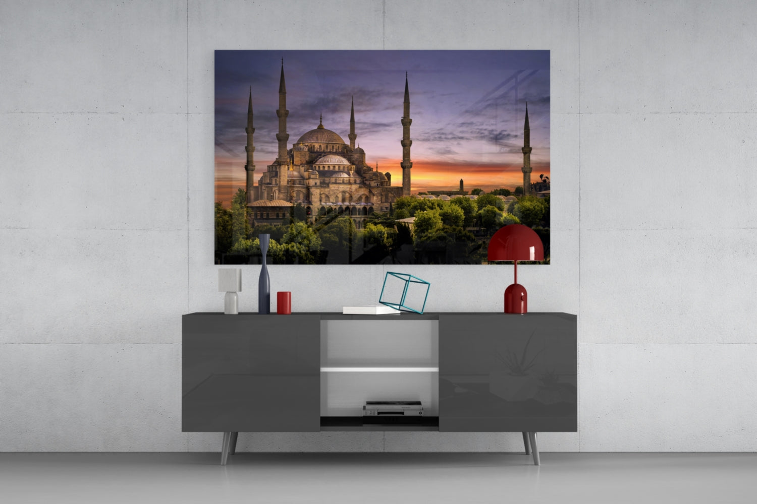 Purple Sunset Sky Blue Mosque Glass Wall Art