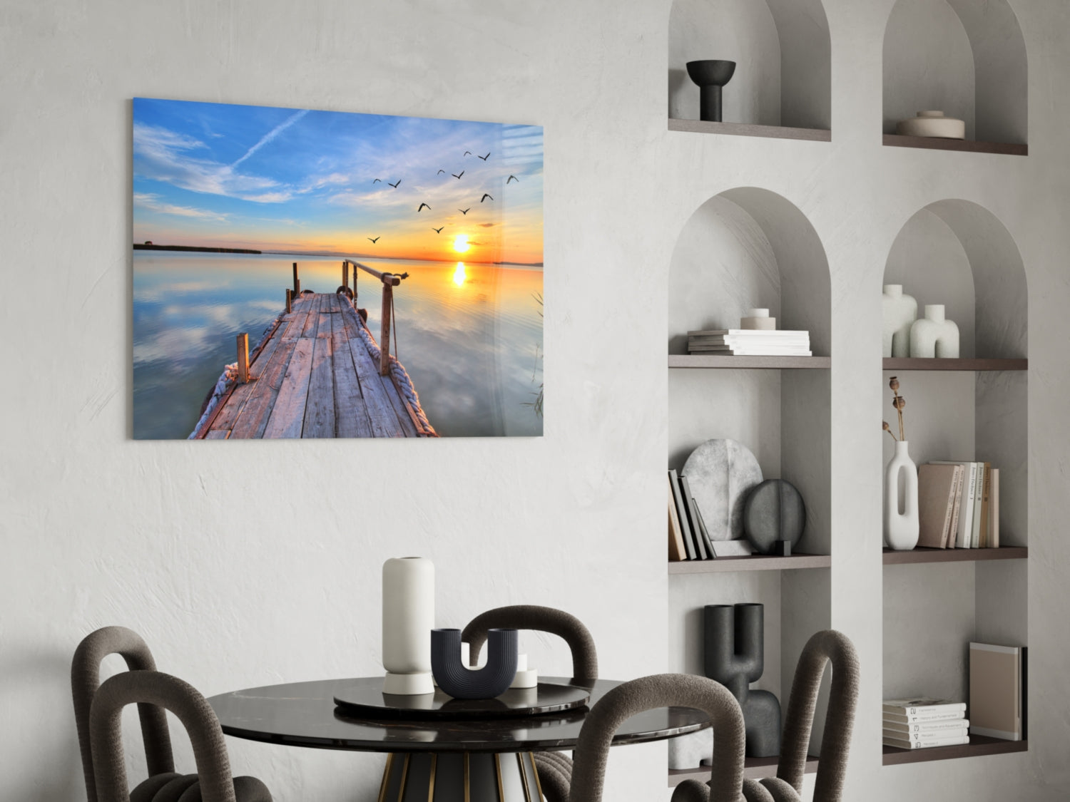 Golden Sunset Flying Birds Dock Glass Wall Art