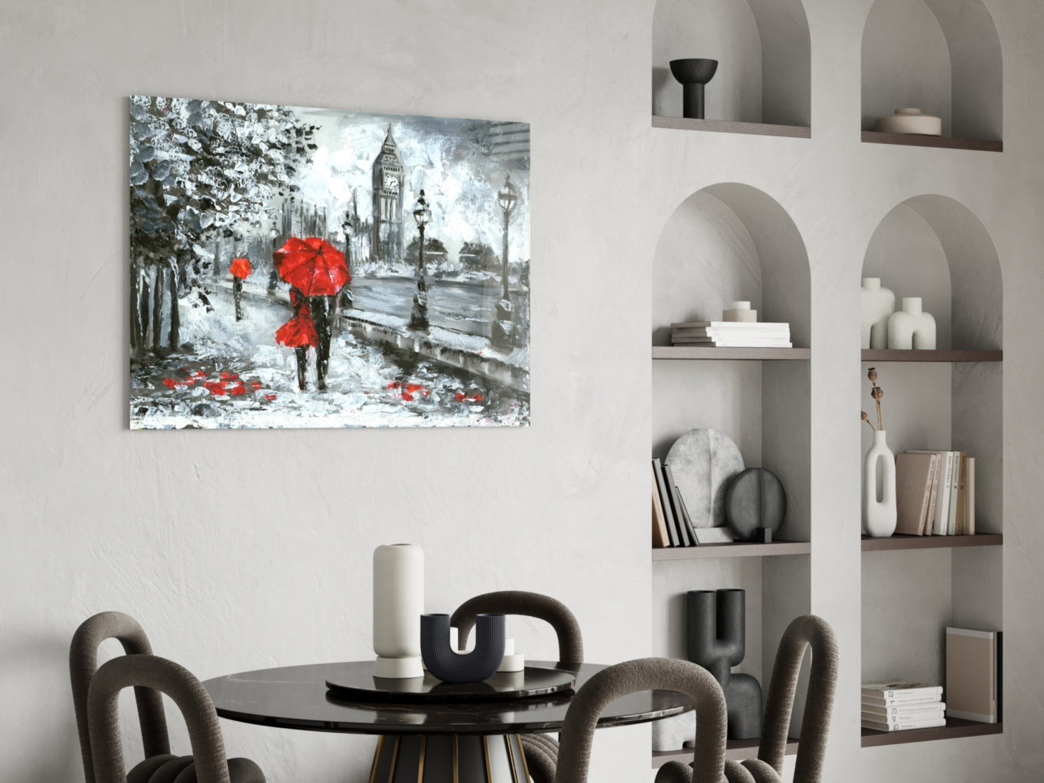 Rainy Riverside Boulevard Red Umbrellas Glass Wall Art