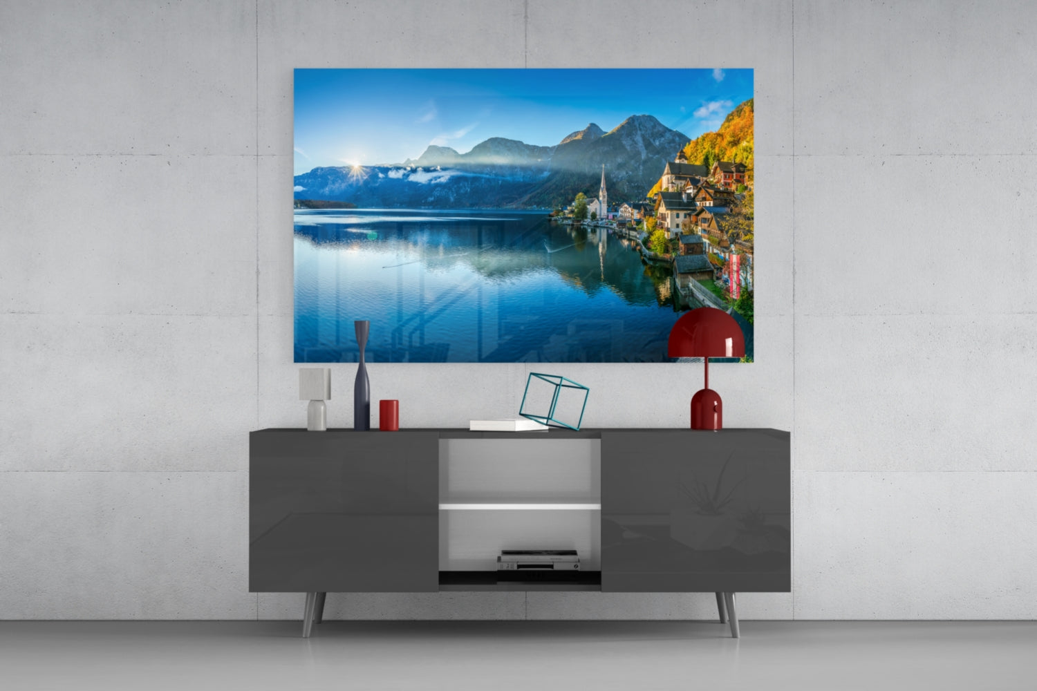 Alpine Lakeside Village Glass Wall Art