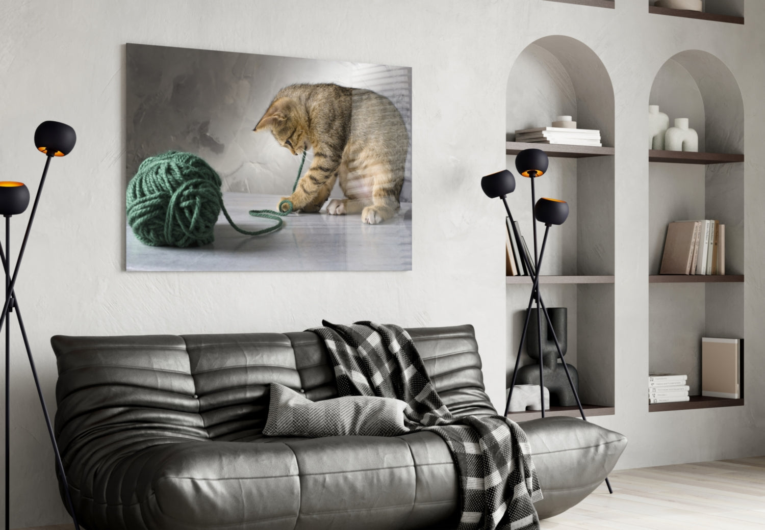 Tabby Kitten Green Yarn Glass Wall Art