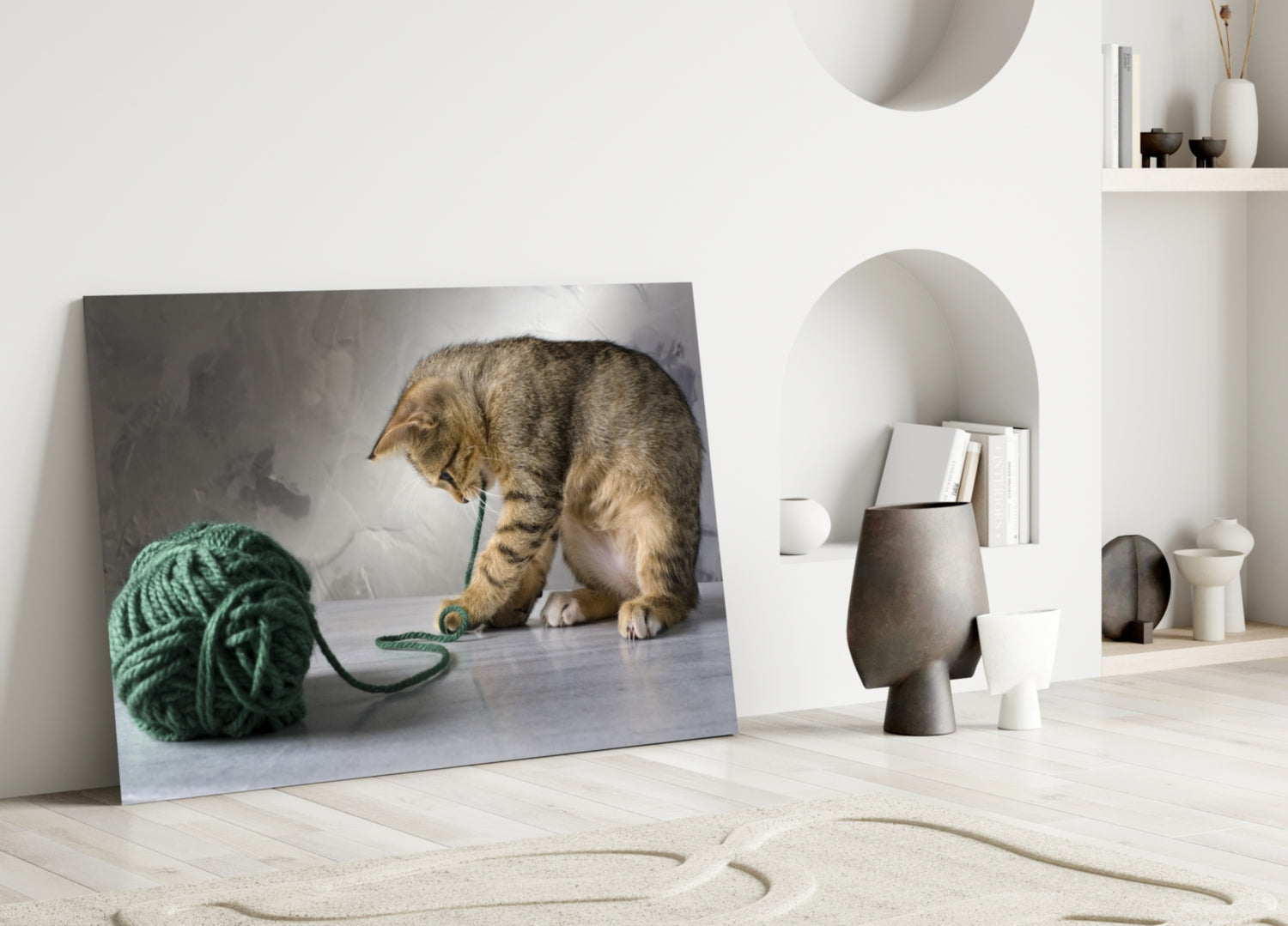 Tabby Kitten Green Yarn Glass Wall Art