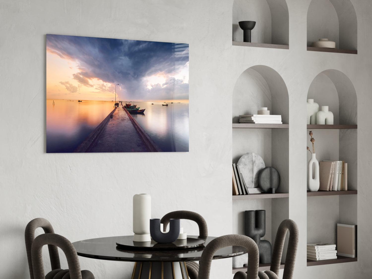 Stormy Sky Moored Fishing Boats Glass Wall Art
