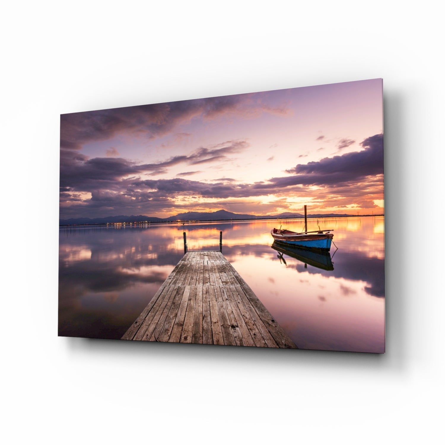 Violet Sunset Lone Boat Jetty Glass Wall Art