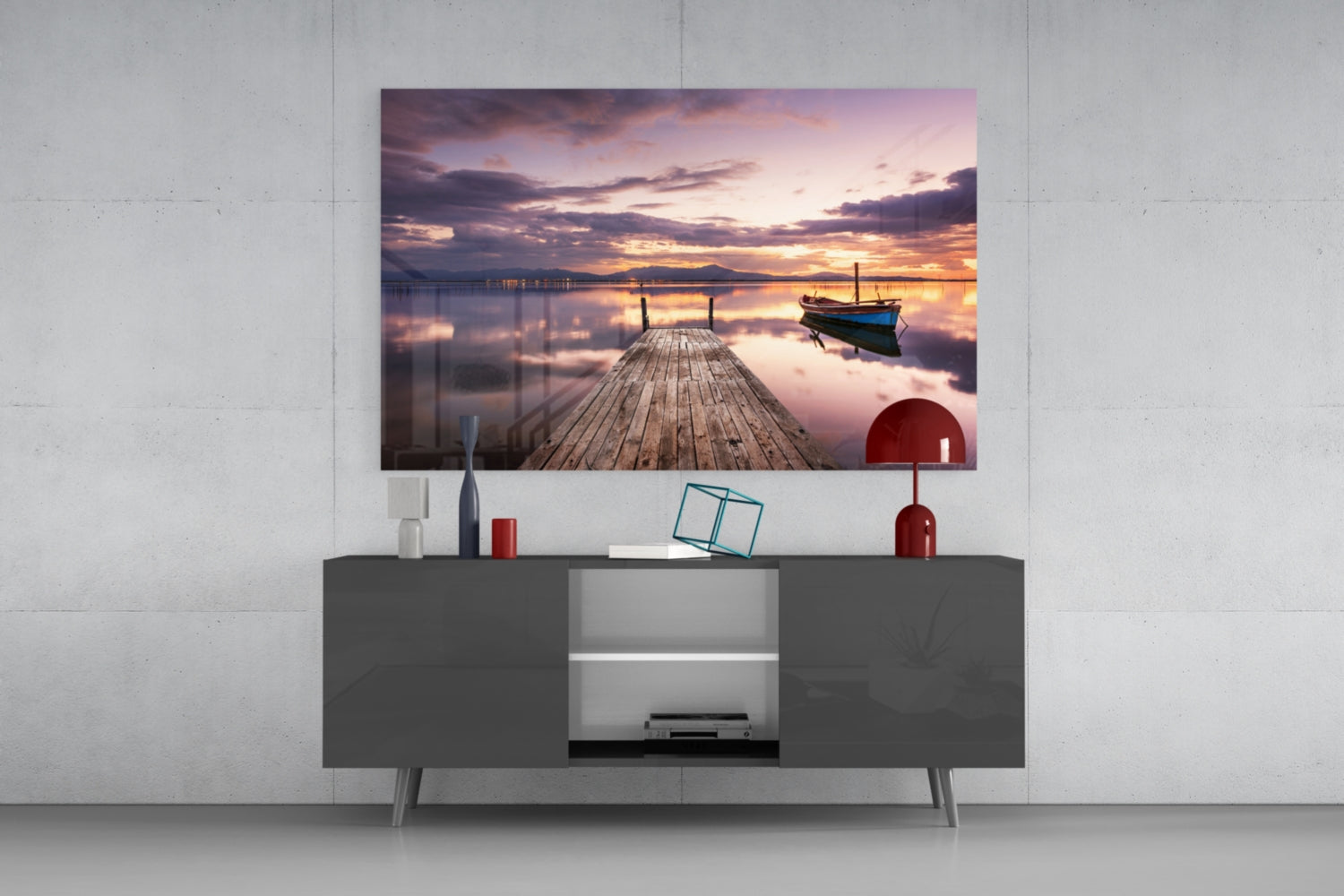 Violet Sunset Lone Boat Jetty Glass Wall Art