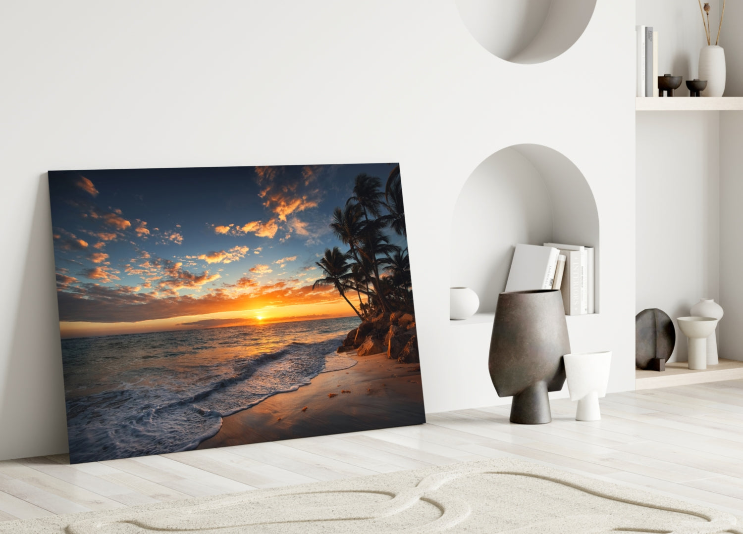Golden Sunset Shoreline Palm Trees Glass Wall Art