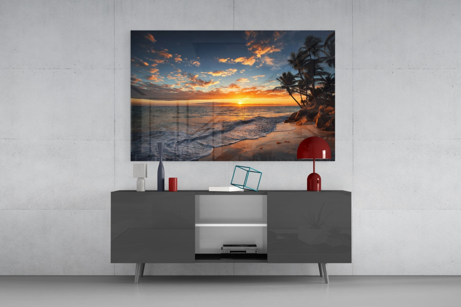 Golden Sunset Shoreline Palm Trees Glass Wall Art