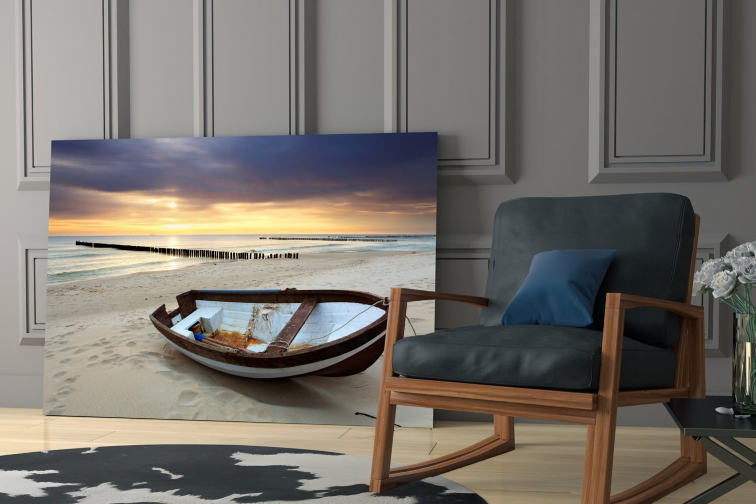Wooden Rowboat Dramatic Sunset Beach Glass Wall Art