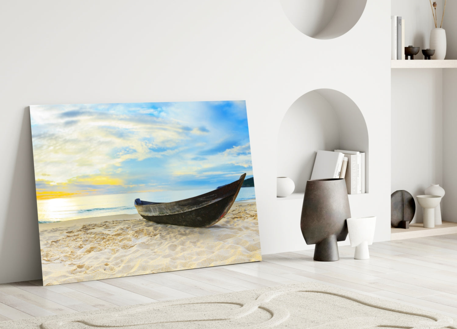 Dark Canoe On White Sand Beach Glass Wall Art