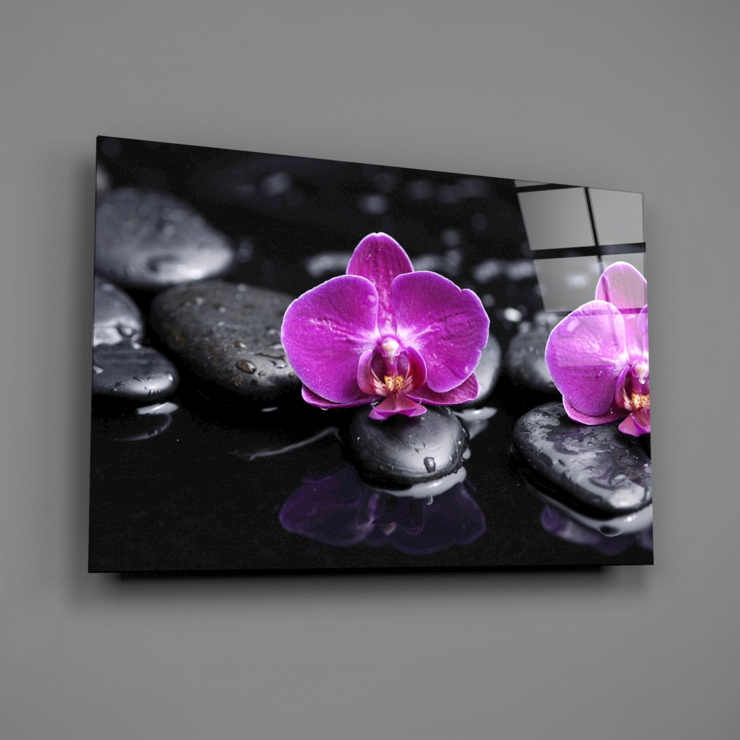 Magenta Orchids On Wet Zen Stones Glass Wall Art