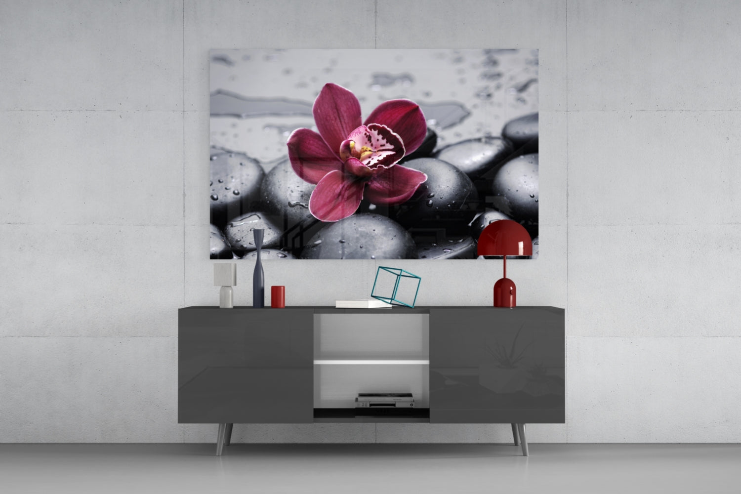 Burgundy Orchid Gray Pebbles Glass Wall Art