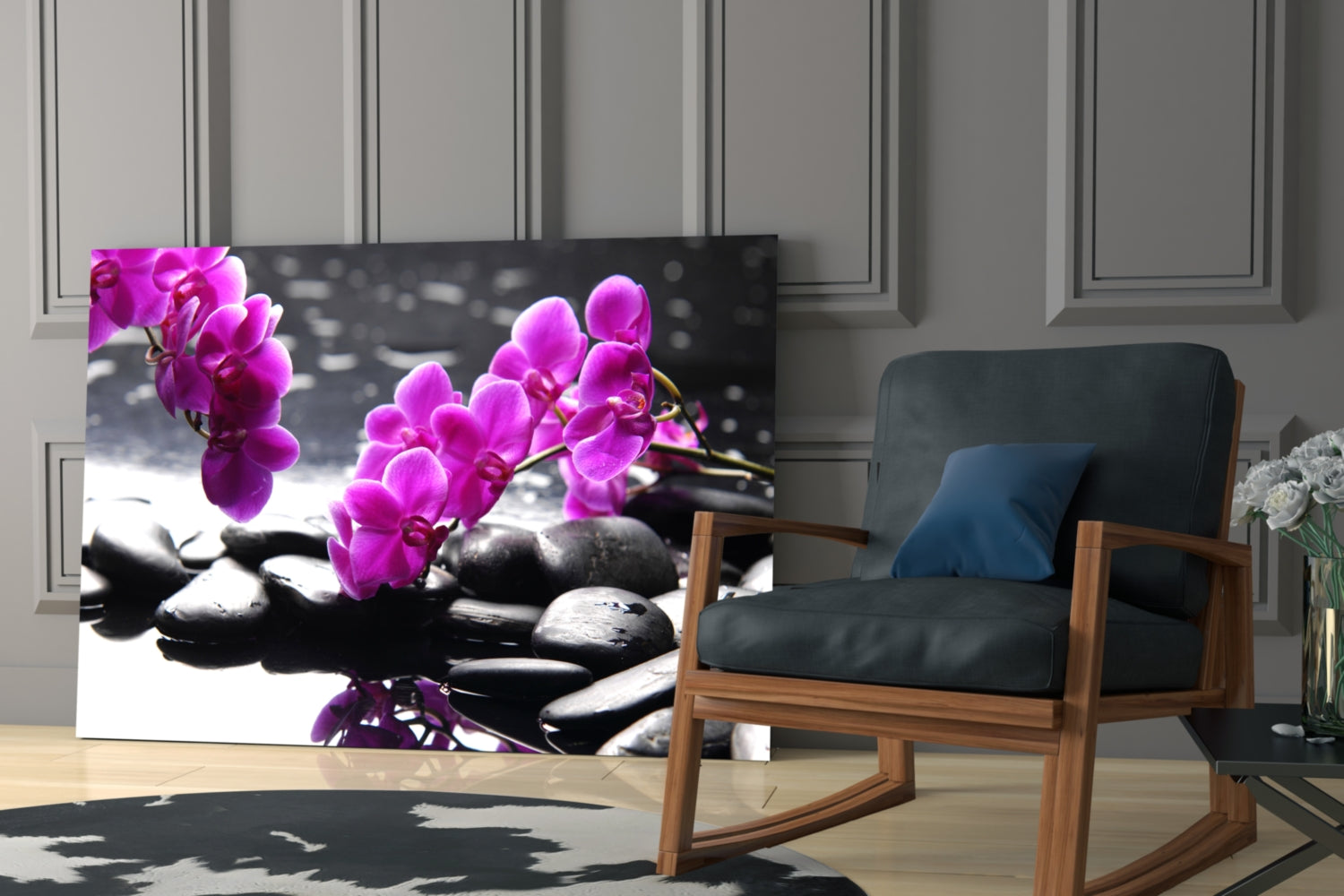 Pink Orchid Branch Zen Stones Glass Wall Art
