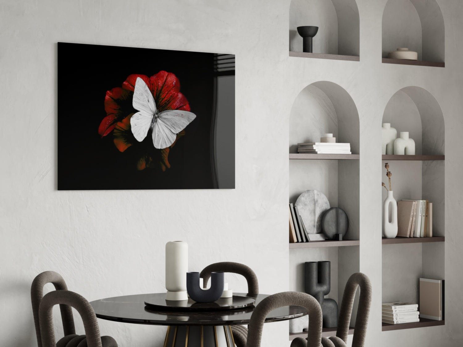White Butterfly on Red Bloom Glass Wall Art