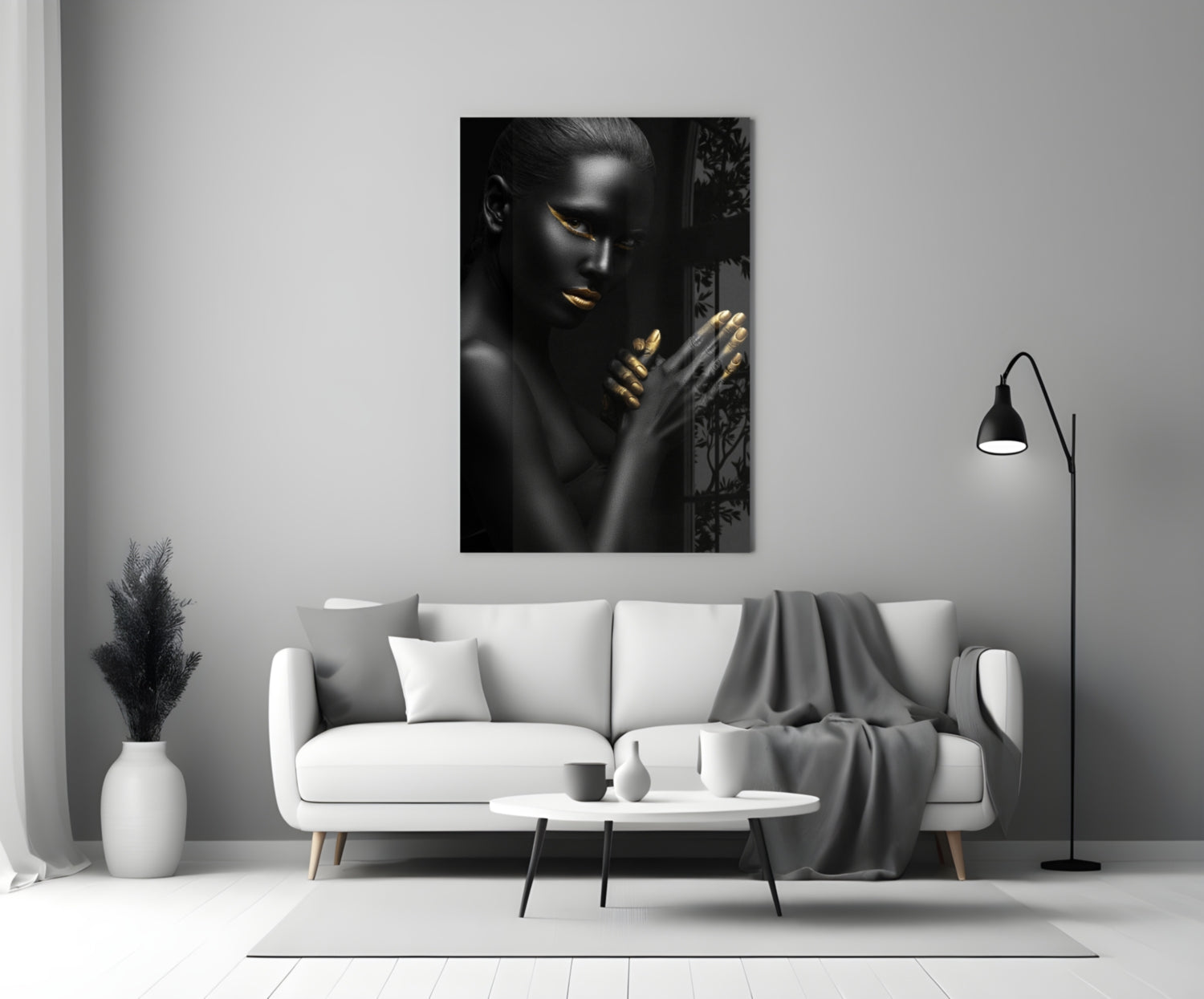Gold Lips Praying Hands Woman Glass Wall Art