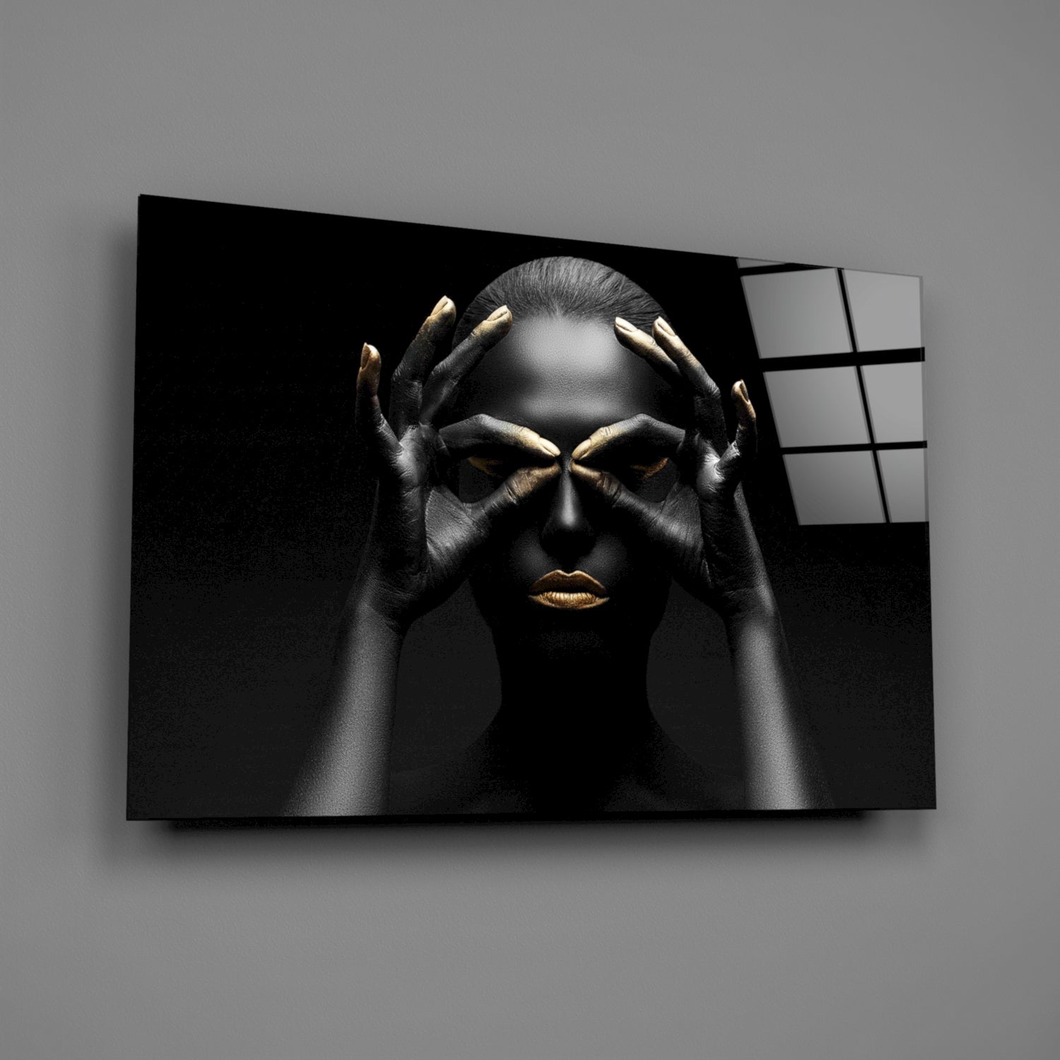 Gold Fingertips Over Eyes Woman Glass Wall Art
