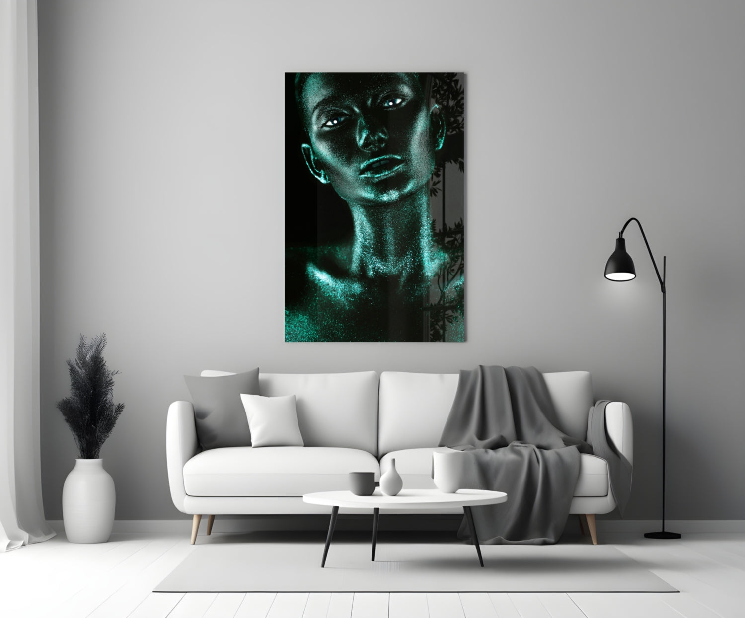 Turquoise Glitter Skin Woman Glass Wall Art