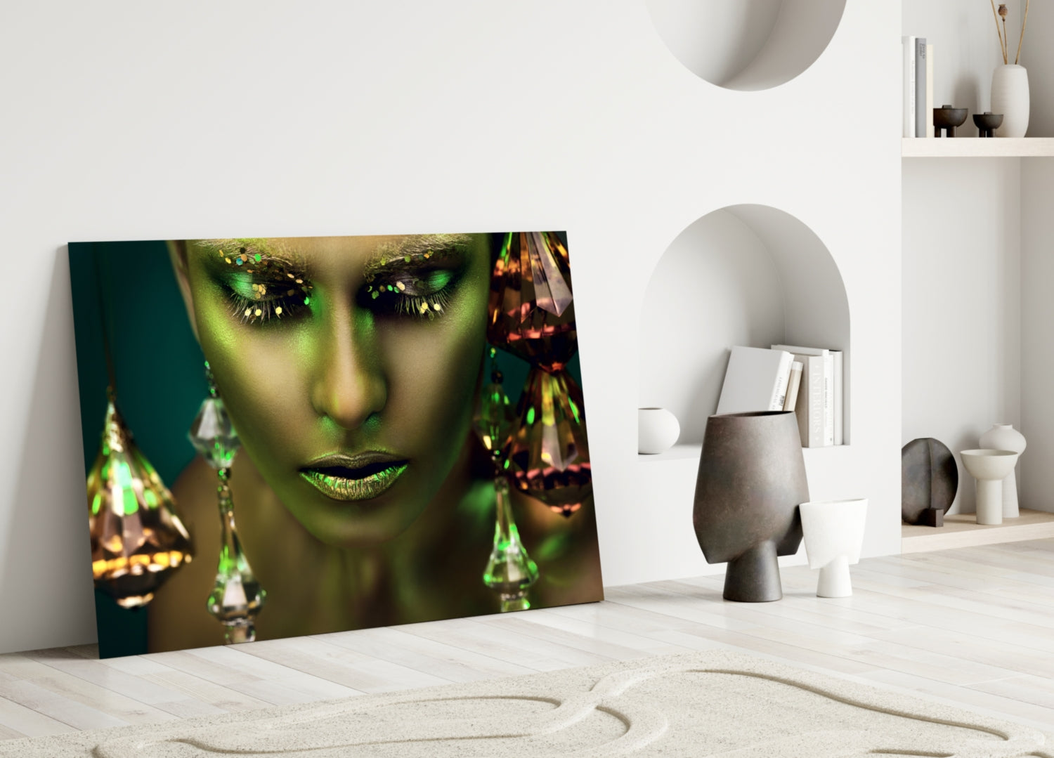 Green Skin Crystal Drops Woman Glass Wall Art