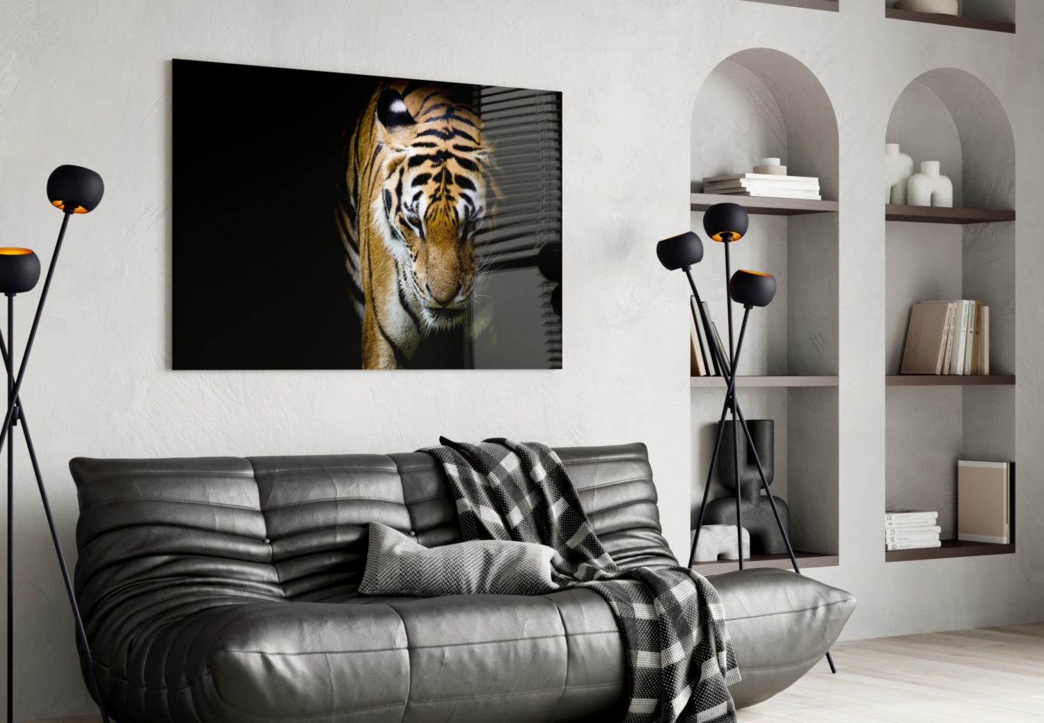 Stalking Tiger in Shadows Glass Wall Art