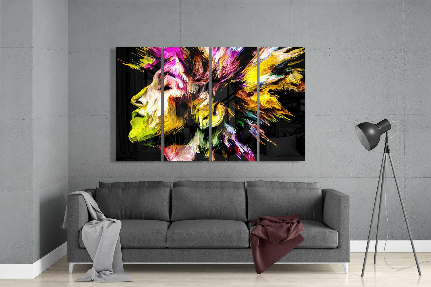 Yellow Pink Paint Burst Facing Left 4 Pieces Mega Glass Wall Art