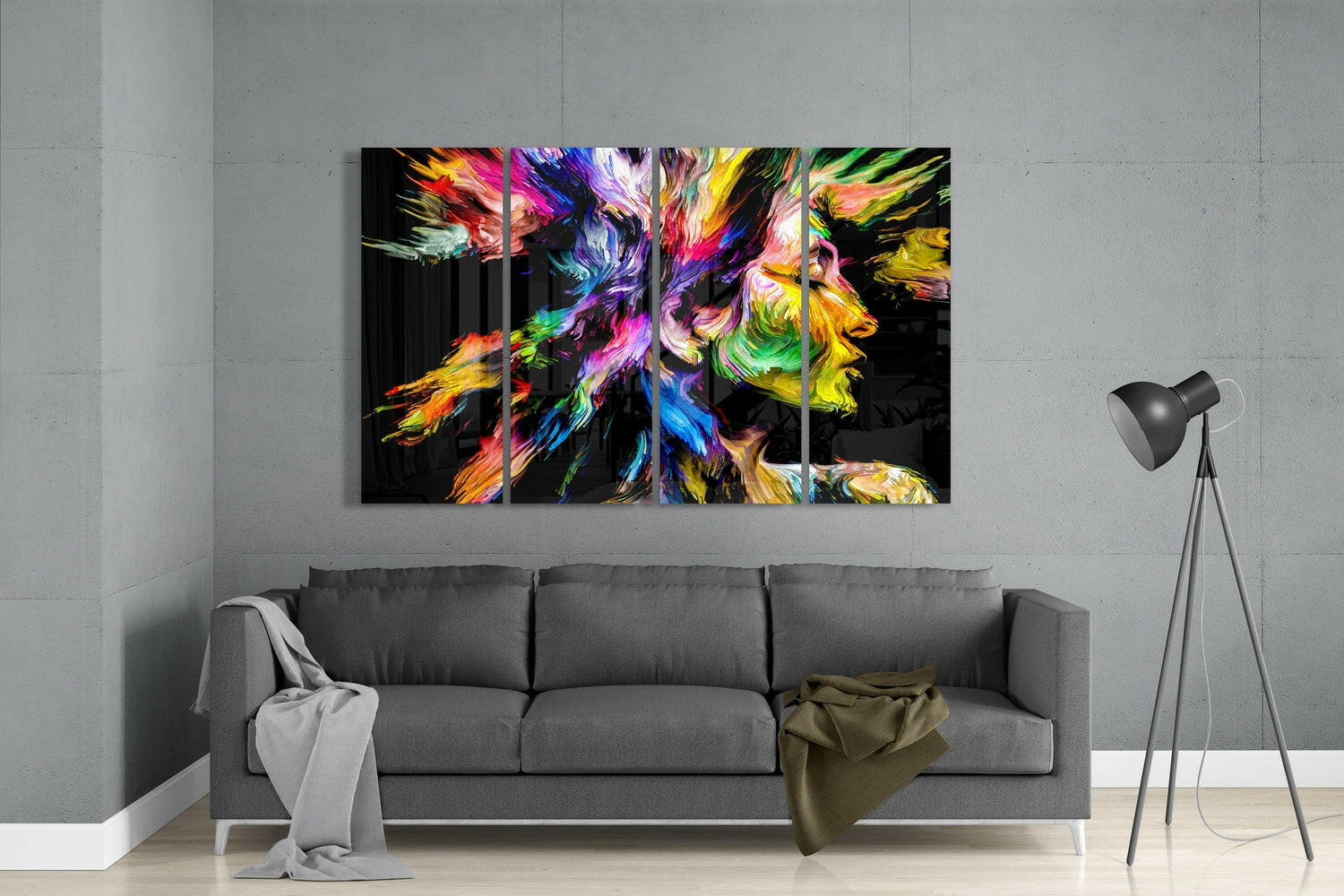 Blue Purple Paint Splash Woman Profile 4 Pieces Mega Glass Wall Art