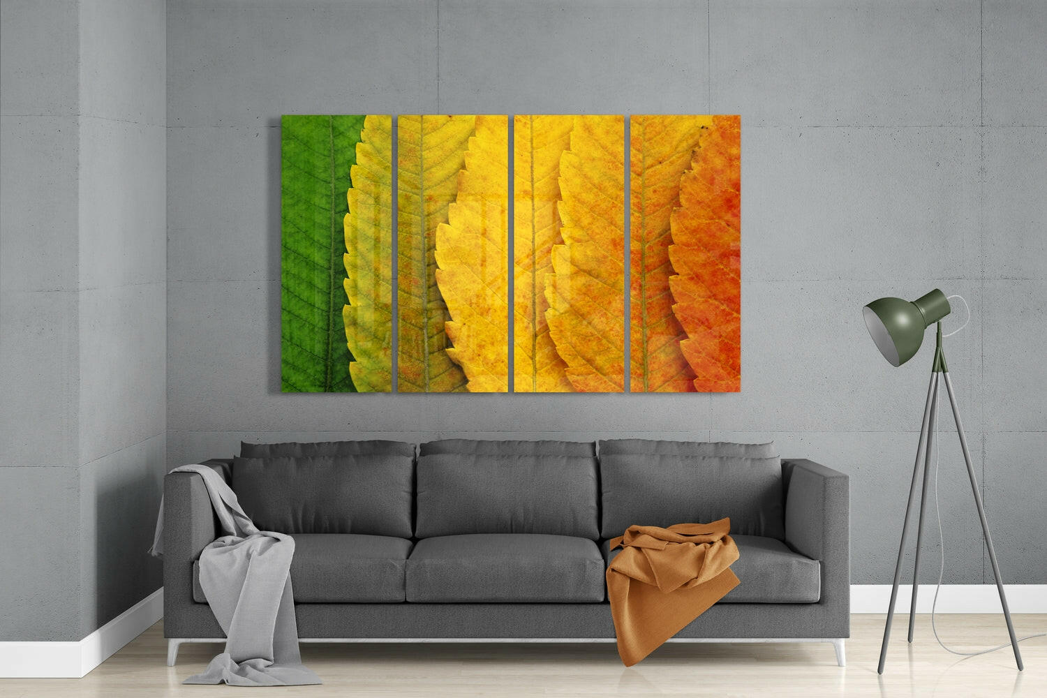Green to Amber Gradient Leaves 4 Pieces Mega Glass Wall Art