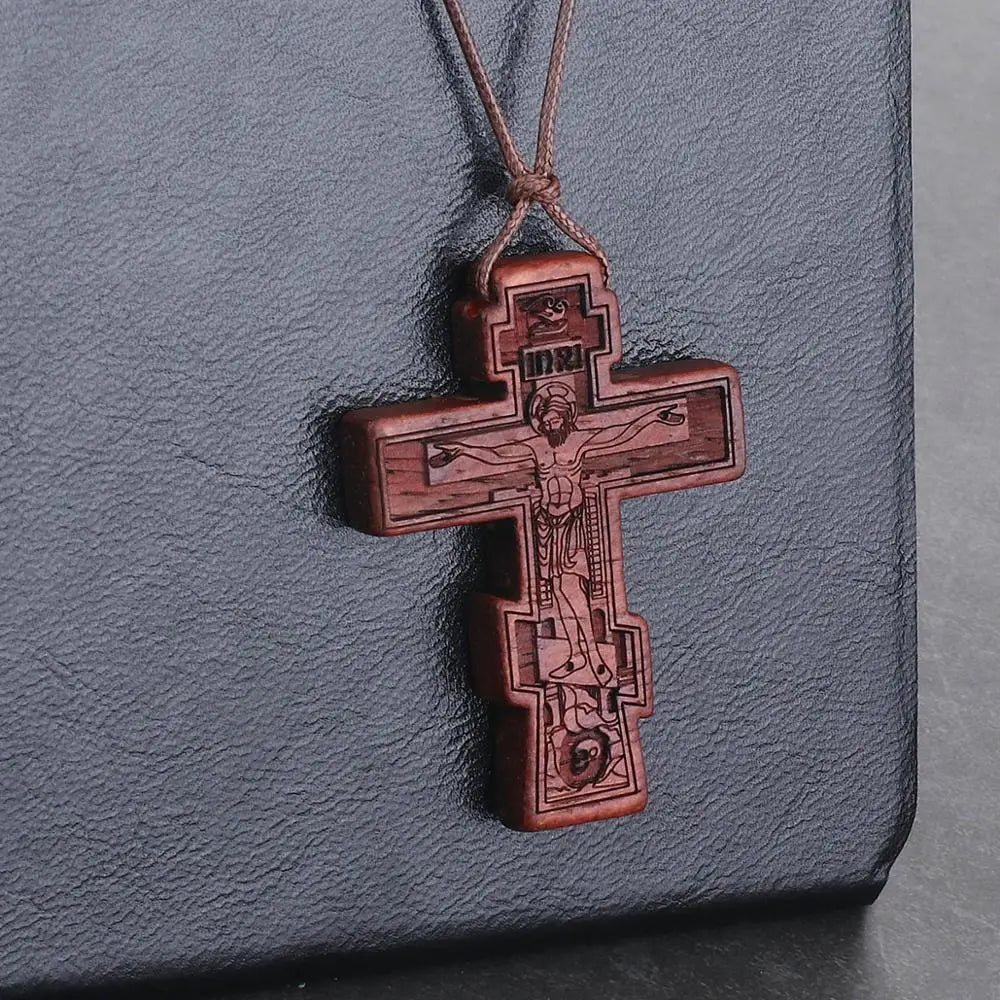 INRI red and black wood cross necklace rope chain religious
