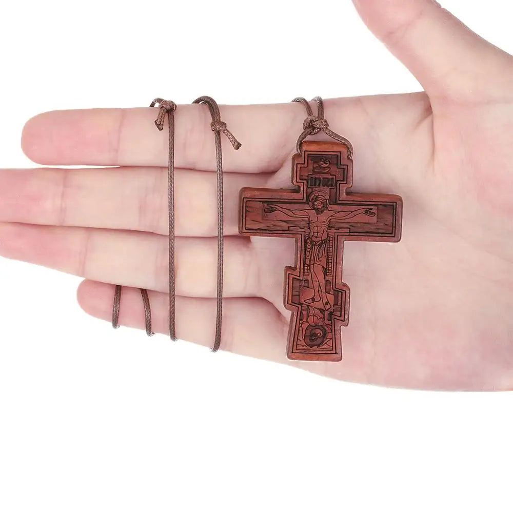 INRI red and black wood cross necklace rope chain religious