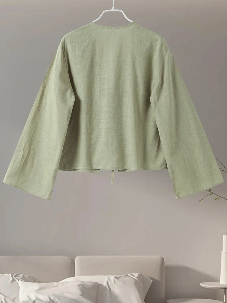 Cotton Linen Lace Up Bow Shirts Women Loose Hollow Out V Neck Long Sleeve Tops