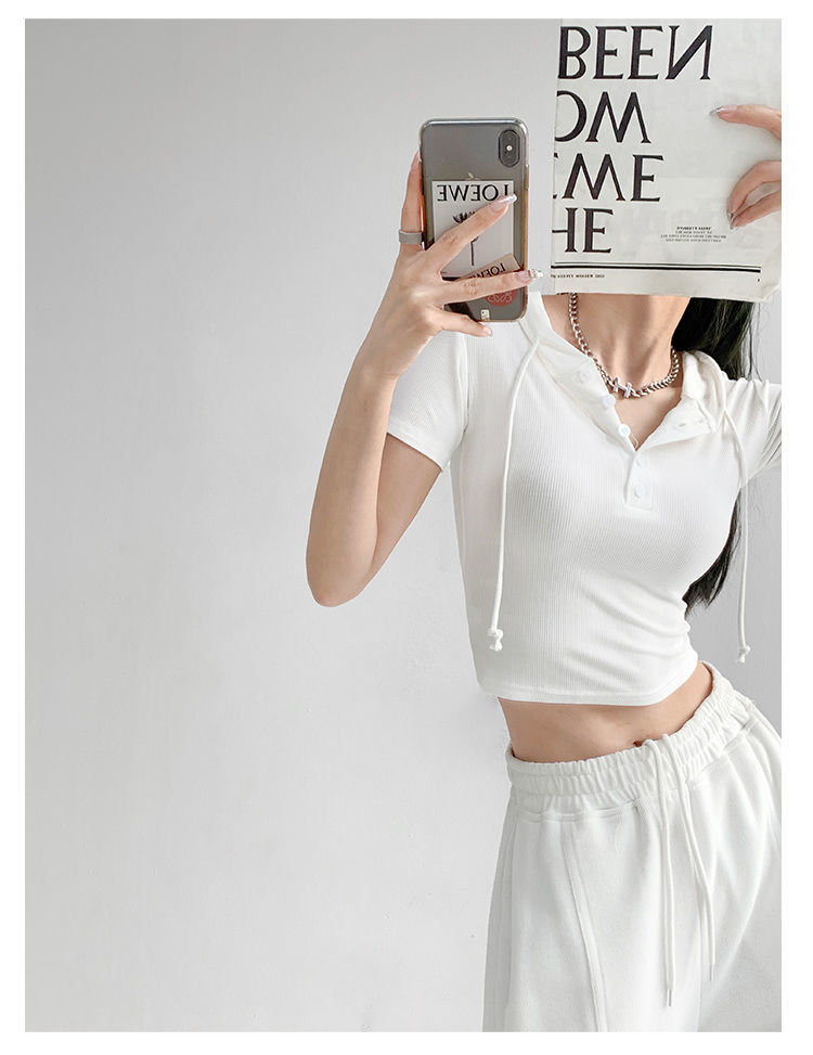 Fashion Hooded T-shirts Women Summer Tight Short Sleeve Y2k Tees Gray Crop Tops Female