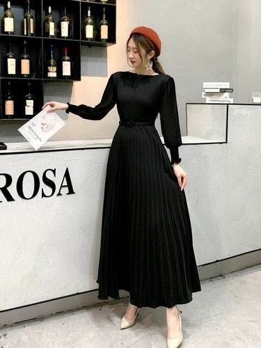 O-neck Long Sleeve A-line Dress Office Lady Pleated Maxi Dress