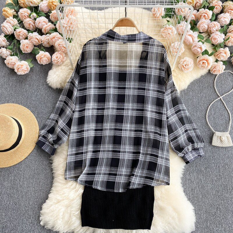 Summer Women Two Piece Set Plaid Long Sleeve Sunscreen Shirt+A-line Knitting Slip Dress
