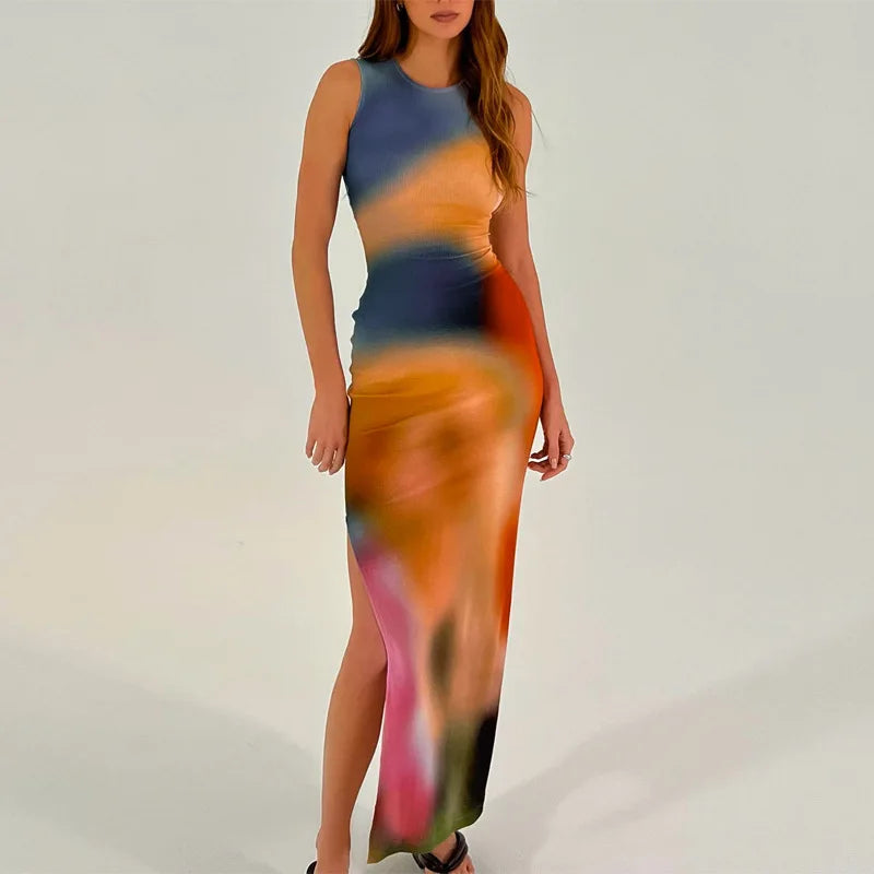 Tie Dye Print Ribbed Midi Dress Bodycon Side Slit Y2K