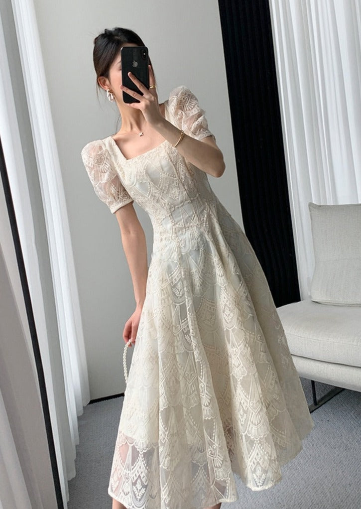 Vintage Square Collar Lace Dress Women Short Sleeve Slim Waist Embroidery Female