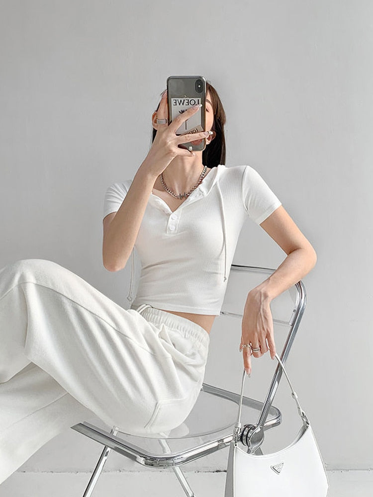 Fashion Hooded T-shirts Women Summer Tight Short Sleeve Y2k Tees Gray Crop Tops Female