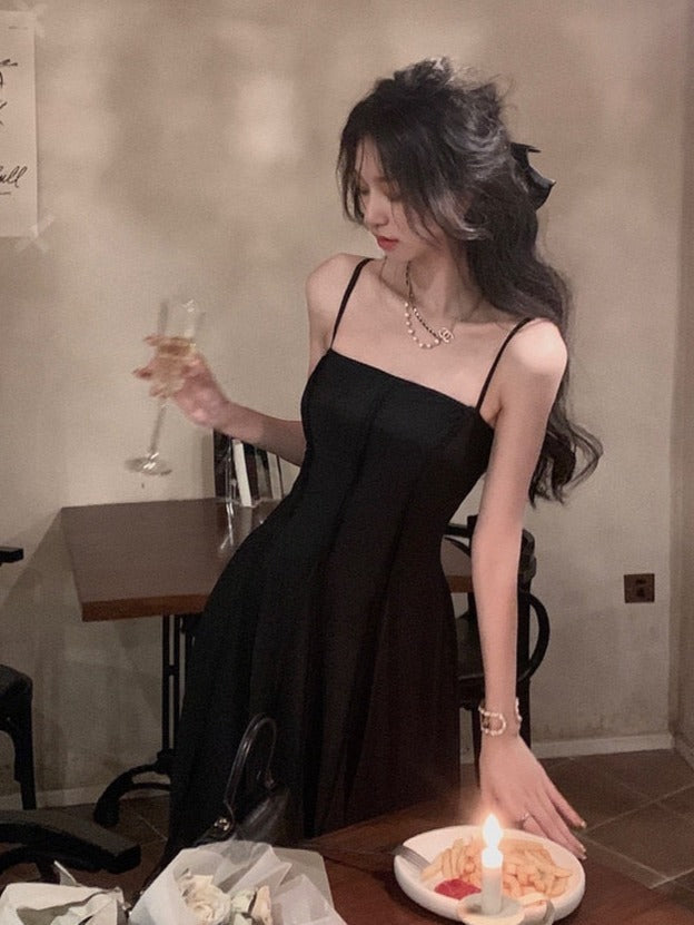 Vintage Spaghetti Strap A-line Dress Summer Slim Waist Sleeveless Mid-Length vestidos