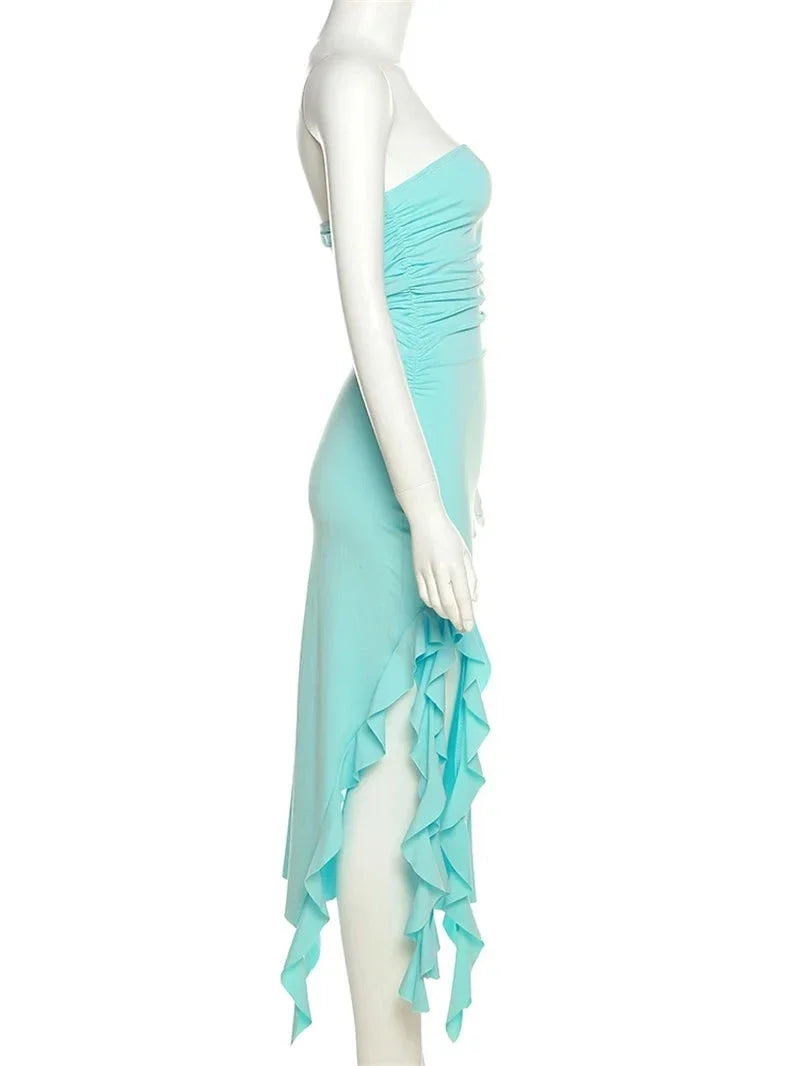 Elegant Strapless Dress Women Irregular Tassel Skinny Split Maxi Bodycon