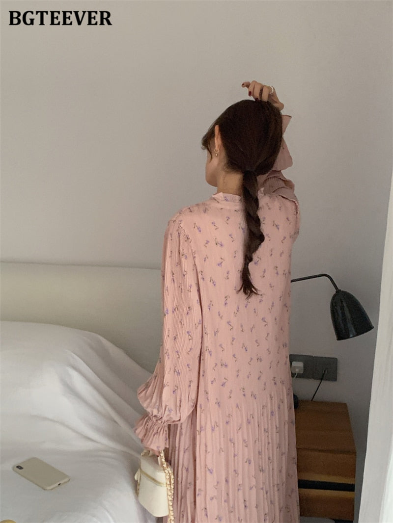 Spring Summer Flare Sleeve Loose Female Pleated Dress vestidos