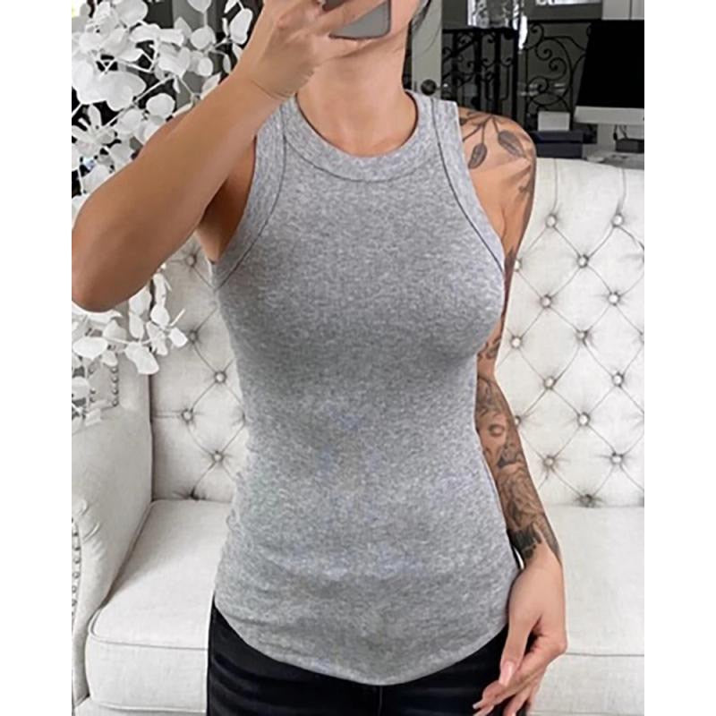 Women Solid Round Neck Ribbed Tank Top Camisole Women Summer Basic Elastic Tank Top