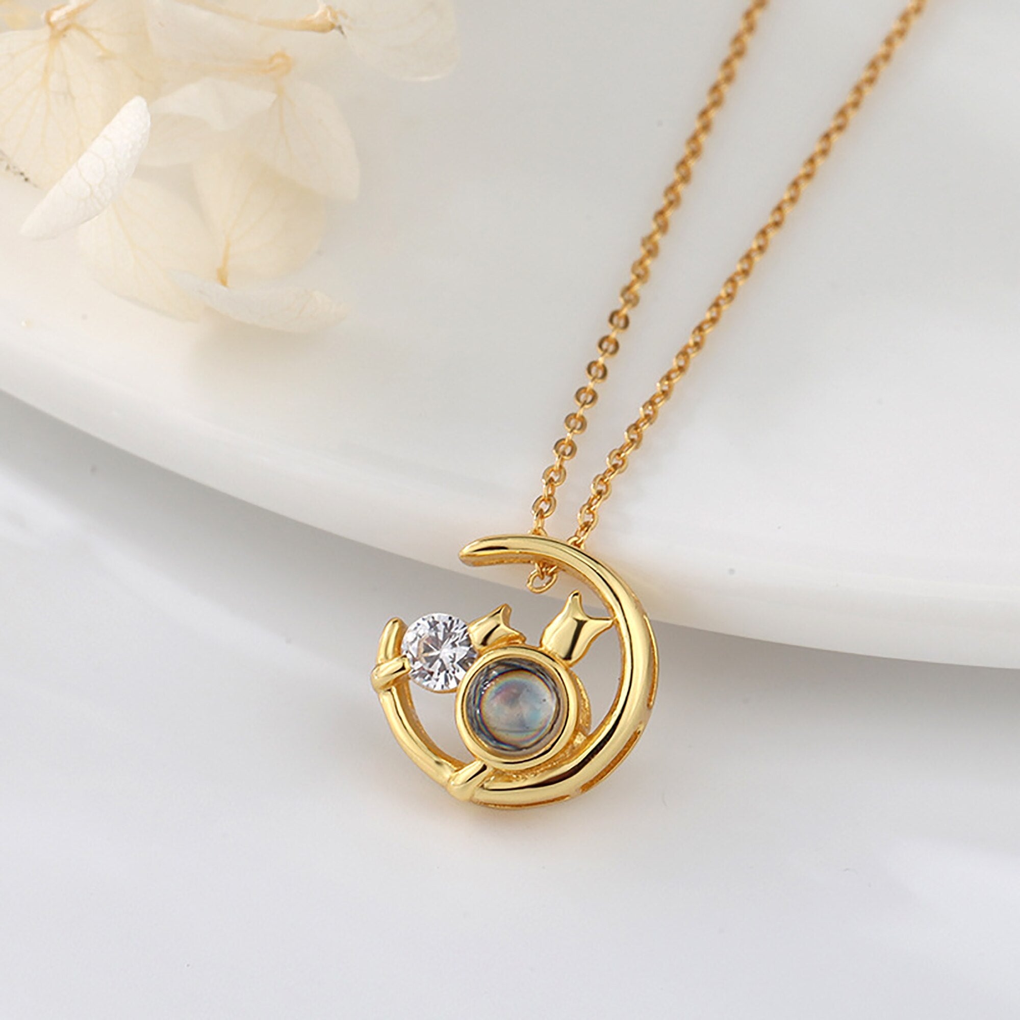 Moon Cat with customizable photos Projection Necklace Pendant Jewelry