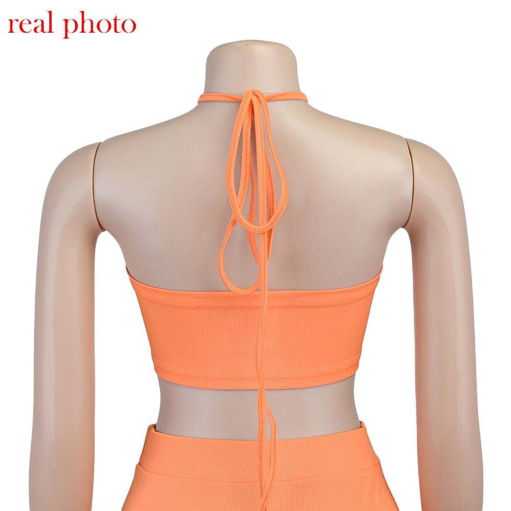 Cryptographic Bandage Cut Out Sexy Halter Neck Top and Skirts Set Gathered Elegant