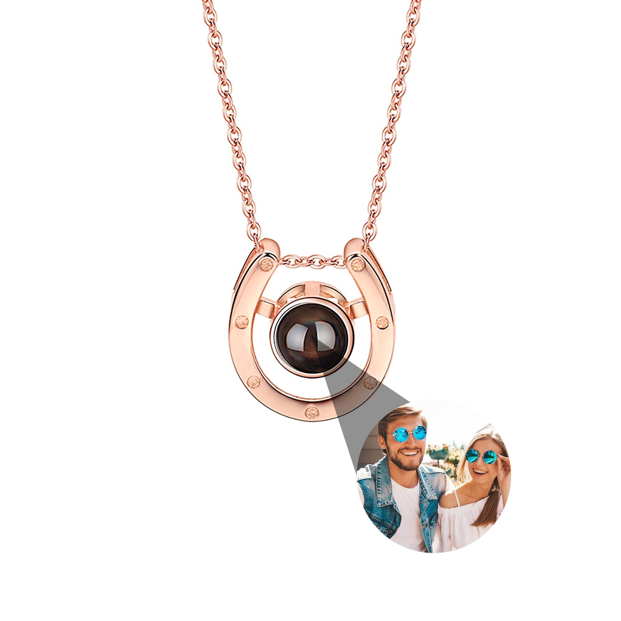 A horseshoe shaped projection necklace with customizable photos Valentine&