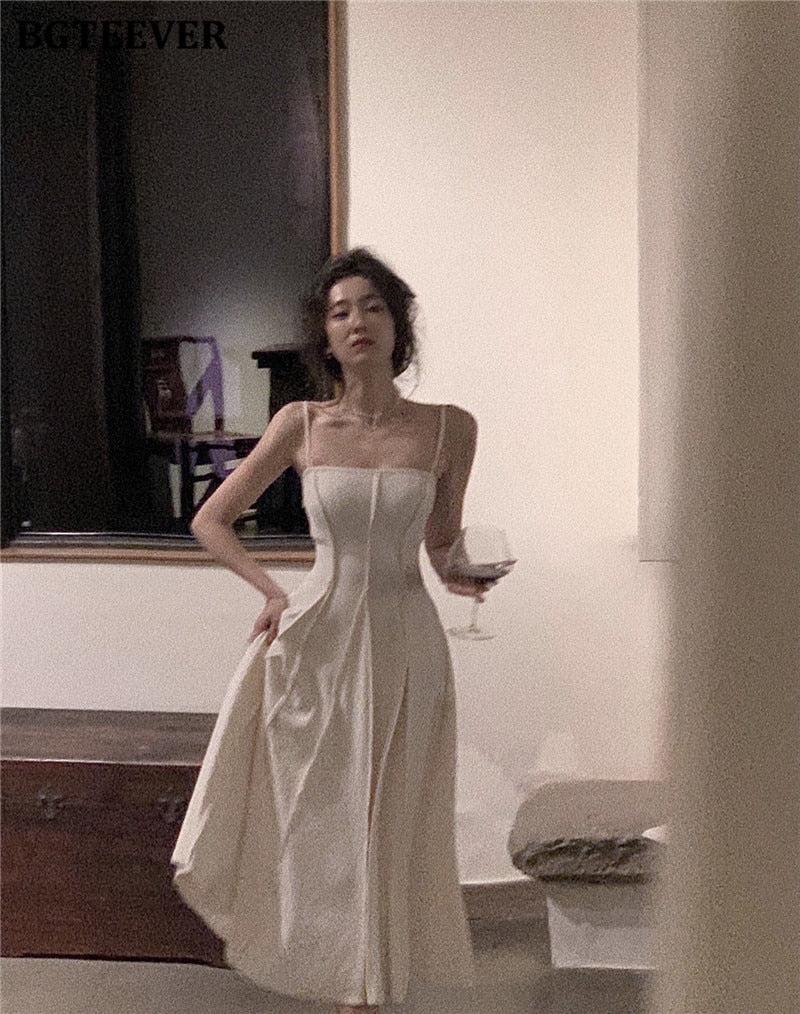 Vintage Spaghetti Strap A-line Dress Summer Slim Waist Sleeveless Mid-Length vestidos